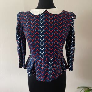 By Natacha Baco L'initiee Peplum Top M Peter Pan Collar Retro Geometric Flaw